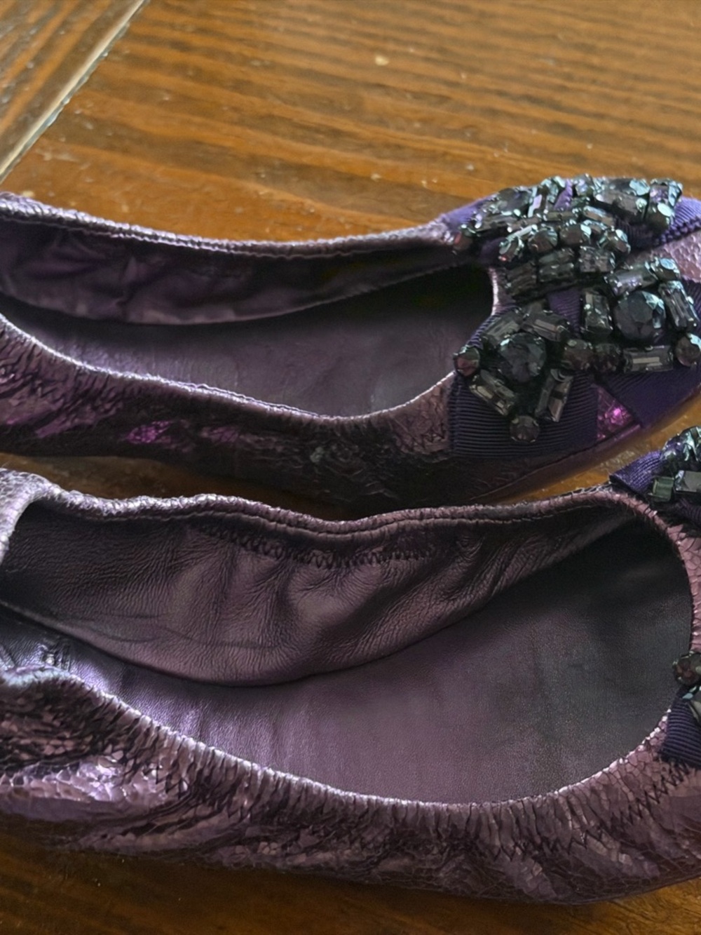 Tory Burch Purple Embellished Leather Ballet Flats